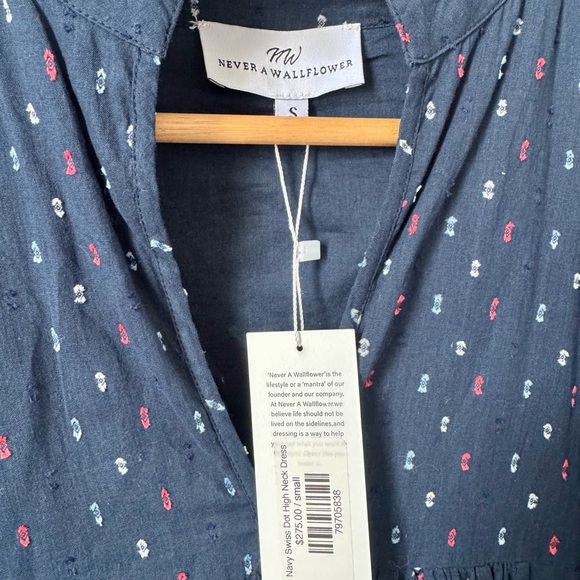 Never A Wallflower Navy Swiss Dot High Neck Dress small NWT - Picture 3 of 7
